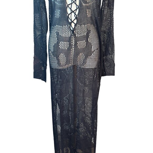 2/$50 Boho OS Gypsy Beach Black Goddess Maxi Crochet V-Neck Beach Swim Cover-up - Picture 6 of 12
